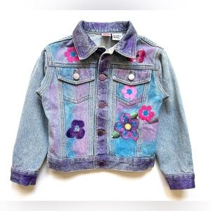 EUC Lipstik  Flower Appliqués Rhinestone Studs Painted Denim Jacket in Blue 4/5